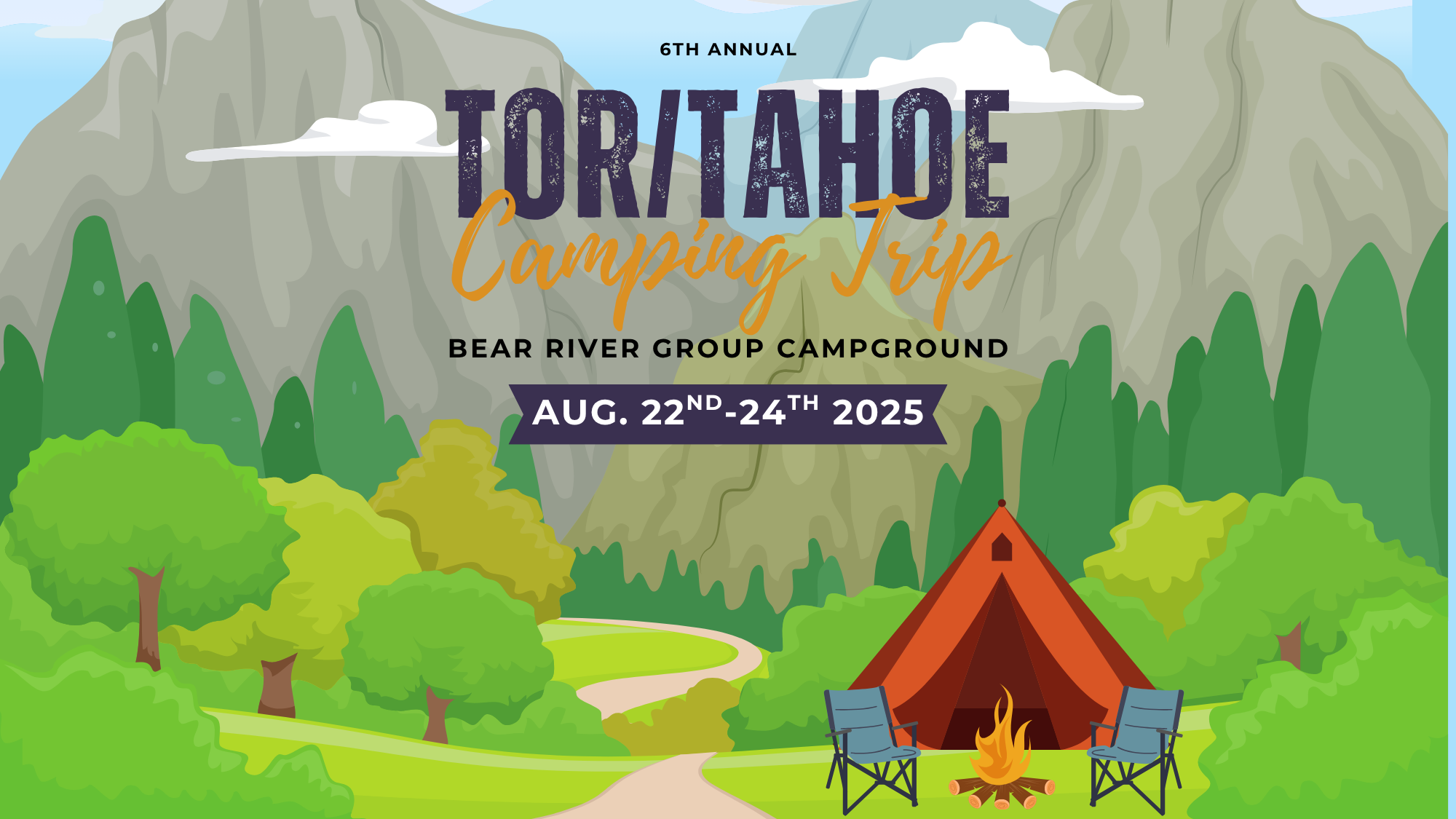 Tor/Tahoe Elul Camping Retreat. An image of mountains and trees with a tent and 2 camp chairs around a campfire. The title of the trip is across the image at the top.