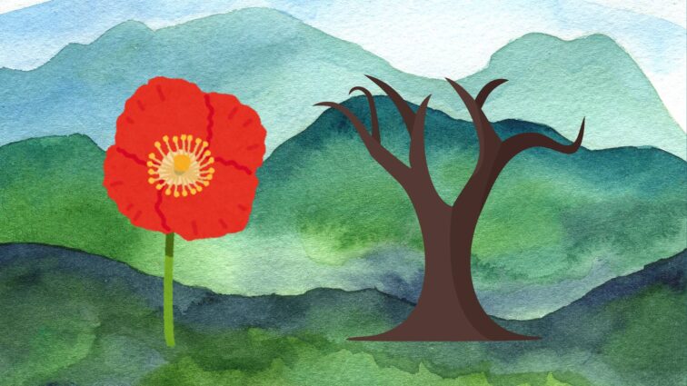 Stop Forcing the Bloom, Rest, A red flower in bloom and a leafless tree in front of a watercolor blue and green mountain backdrop.