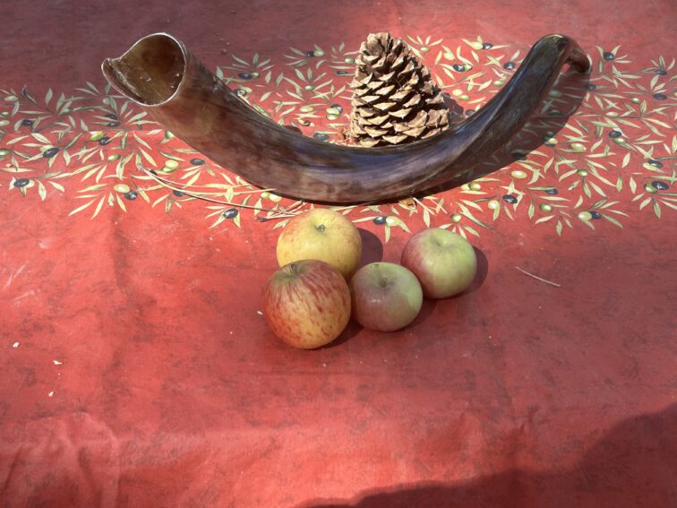 High Holy Day Gatherings in Tahoe. Symbols of the High Holy Days, 4 apples, a shofar and a pinecone spread across a red table cloth.