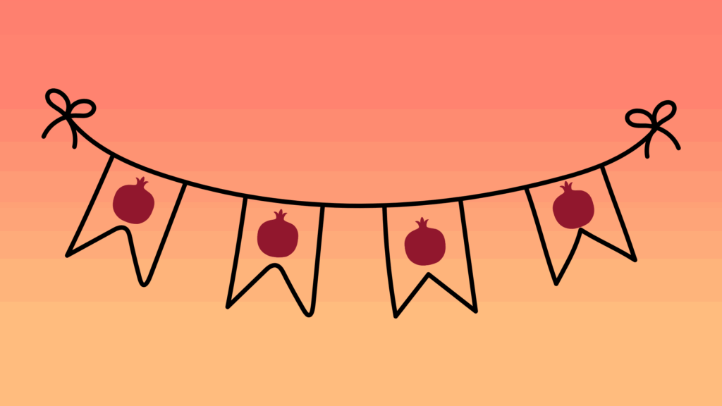 An image of a Rosh Hashanah bunting banner with pomegranates on it in front of a peach gradient background