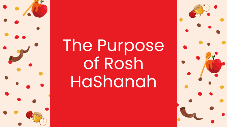 The purpose of Rosh Hashanah title over a red square surrounded by small images of shofars and apples and honey